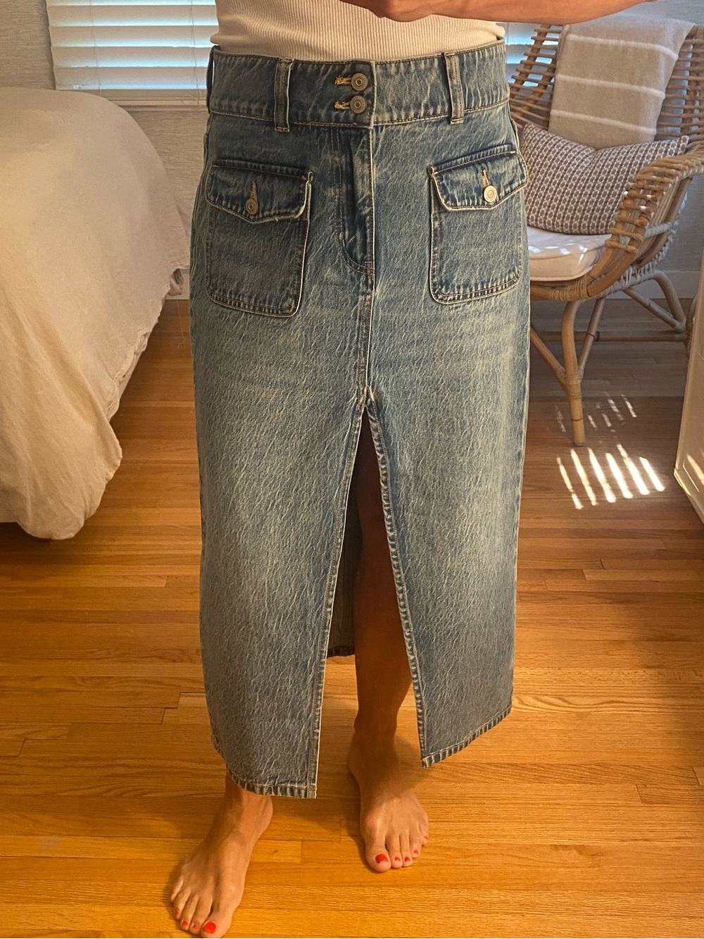 We The Free Distressed Blue Denim Midi Skirt with Center Slit